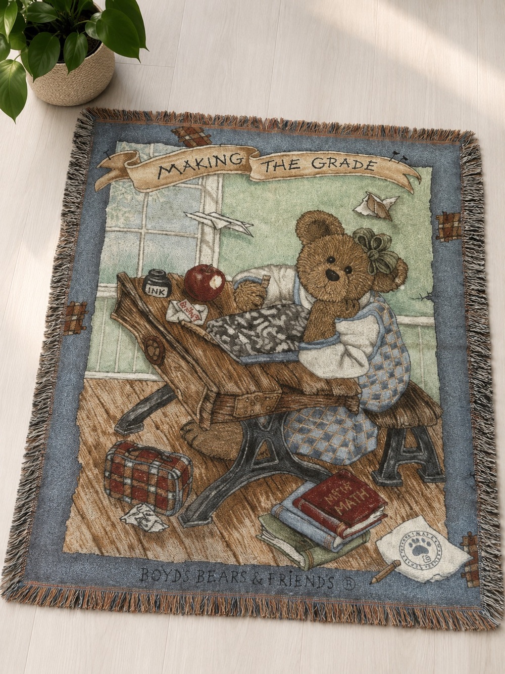 Boyds Bears & Friends “Making the Grade” Cotton Throw Blanket 69x48 Teacher Gift